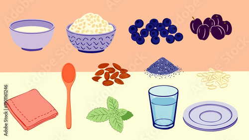 Healthy Breakfast Ingredients: Milk, Oats, Berries, Plums, Nuts, Seeds, Mint, and Water for a Nutritious Meal