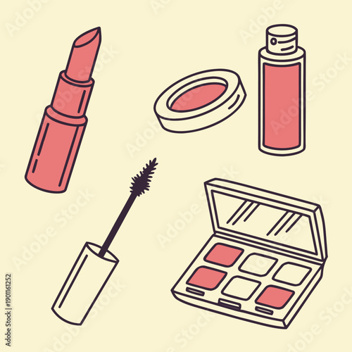 Makeup and cosmetics icon set with lipstick brush nail polish mascara and beauty accessories