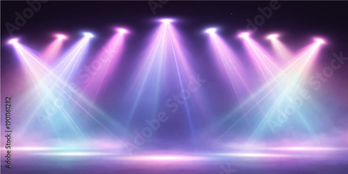 A vibrant loop of blue stage spotlights creates a glowing motion design with bright rays and purple textures against a dark night backdrop for a high-energy music illustration