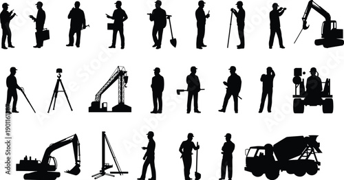 Construction worker silhouette set with tools and heavy machinery, engineers and builders at work, industrial job poses, isolated black vector collection