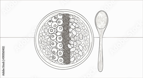 Hand-drawn sketch of a healthy breakfast bowl with blueberries, nuts, seeds, and a wooden spoon, top-down view.