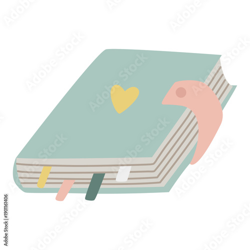 Hand drawn diary notebook with bookmarks and heart on cover. Soft pastel flat vector illustration for journaling, planner, notes, self care, study and stationery projects.