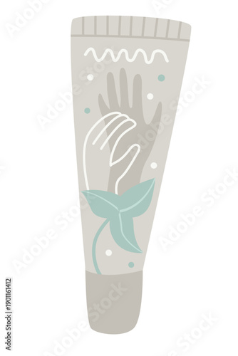 Hand drawn hand cream tube with botanical label. Soft pastel flat vector illustration for skincare, beauty routine, self care, cosmetics packaging, spa, wellness and hygiene projects.