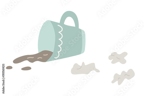 Hand drawn spilled coffee with crumpled papers. Soft pastel flat vector illustration for mess, accident, cleanup, housekeeping, office clutter, and “oops” concept.