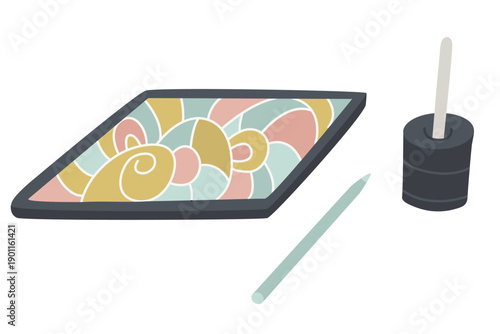 Hand drawn graphic tablet set with stylus and pen holder. Soft pastel flat vector illustration for digital art, illustration, design work, creative studio, online drawing and freelancer life.