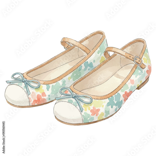 Summer Ballet Flats Watercolor Vector Illustration, Classic Casual Flat Shoes, Soft Elegant Footwear, Isolated on White Background
