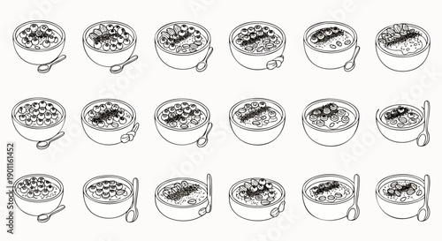 Collection of Hand-Drawn Bowls of Cereal with Various Toppings and Spoons, Black and White Line Art