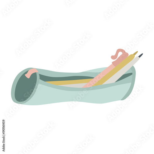 Hand drawn pencil case with pens and pencil. Soft pastel flat vector illustration for school supplies, student stationery, back to school, study, office desk and planner projects