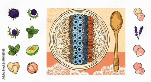 Healthy Oatmeal Bowl with Berries, Nuts, and Avocado, surrounded by fresh ingredients and flowers