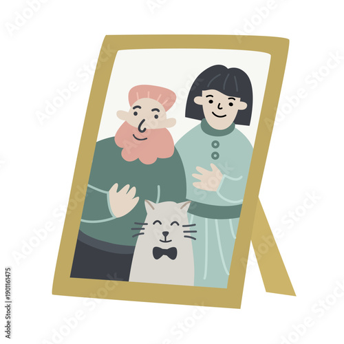 Hand drawn photo frame with family portrait and cute cat. Soft pastel flat vector illustration for memories, family, love, home decor, relationship, greeting card and cozy lifestyle.
