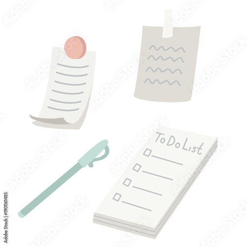 Hand drawn to do list with checklist, sticky notes and pen. Soft pastel flat vector illustration for planning, productivity, office organization, reminders, stationery and daily tasks.