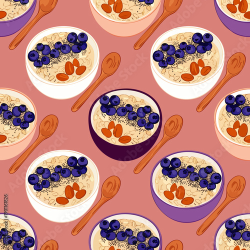 Seamless pattern of healthy oatmeal bowls topped with blueberries and almonds, perfect for breakfast or food-related designs