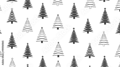 Minimalist seamless pattern featuring an array of monochrome Christmas trees in various styles, evoking a serene winter wonderland.