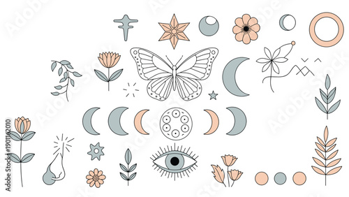Expansive collection of mystical and celestial elements, including a butterfly, blooming flowers, moon phases, stars, and an all-seeing eye, for spiritual themes.