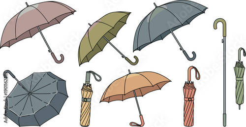 Rain Umbrella Set With Open And Folded Canopies In Neutral Colors For Weather Protection Vector Illustration