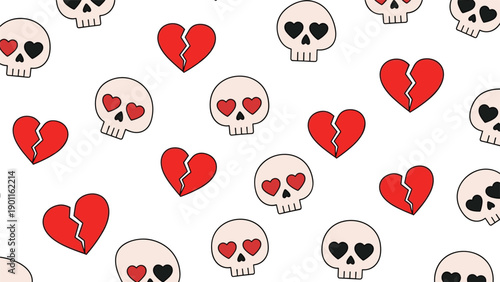 Unique seamless pattern featuring whimsical skulls with heart-shaped eyes interspersed with broken red hearts, blending gothic romance and playful spookiness.