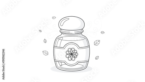 Elegant line art illustration of a decorative scent diffuser bottle, surrounded by delicate swirling leaves, symbolizing home decor and soothing aroma.