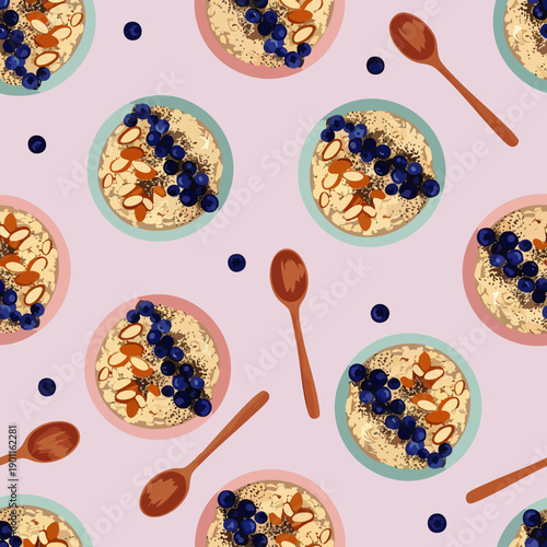 Seamless pattern of healthy breakfast oatmeal bowls with fresh blueberries and sliced almonds, wooden spoons on a soft pink background. Perfect for food designs.