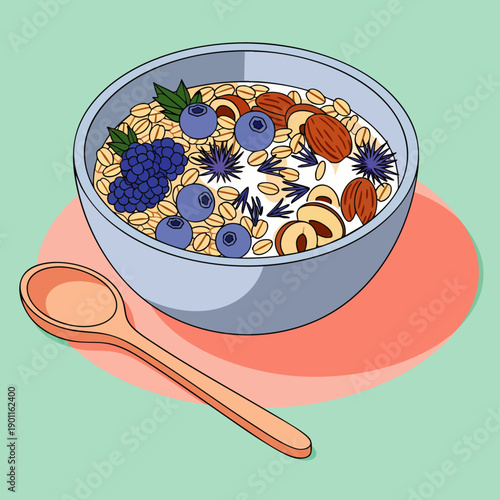 Nutritious oatmeal or granola bowl with fresh blueberries, blackberries, almonds, and hazelnuts. Healthy breakfast vector illustration for a balanced diet.