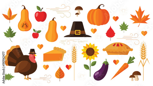 Extensive collection of vibrant Thanksgiving and autumn themed elements, including a happy turkey, pumpkins, pie, pilgrim hat, and colorful fall leaves.