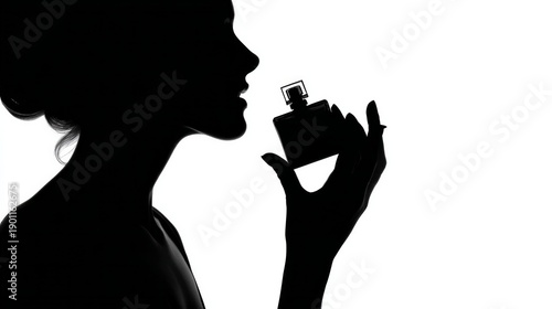 A woman is holding a bottle of perfume and smelling it