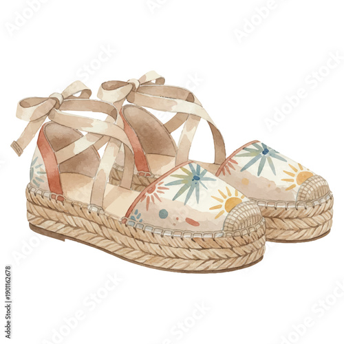 Summer Espadrilles Watercolor Vector Illustration, Casual Woven Sole Shoes, Chic Vacation Footwear, Isolated on White Background
