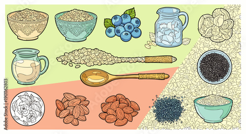 Healthy breakfast ingredients vector set with oats, blueberries, almonds, chia seeds, and plant-based milk. Superfood collection for a nutritious start to the day.