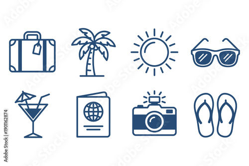 Tropical Vacation and Summer Holiday Vector Icon Set
