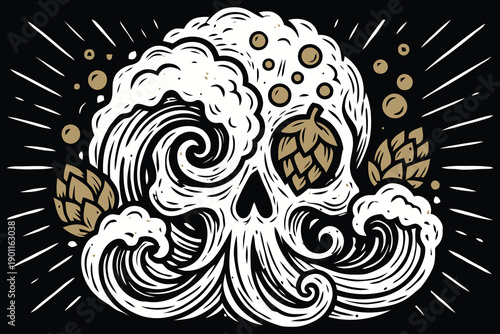 Vintage Beer Skull Graphic with Hops and Foam Waves Illustration