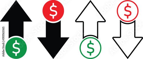 A set of four arrows with dollar sign icons indicating financial growth and loss