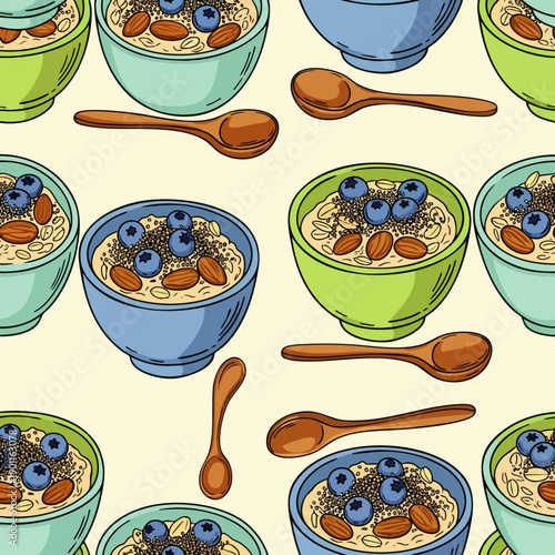 Healthy breakfast oatmeal bowls with blueberries, almonds, and chia seeds seamless pattern. Hand-drawn vector illustration for food design.