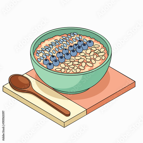 Healthy breakfast oatmeal bowl with fresh blueberries and nuts, served with a spoon on a mat. Isometric vector illustration of a nutritious morning meal.
