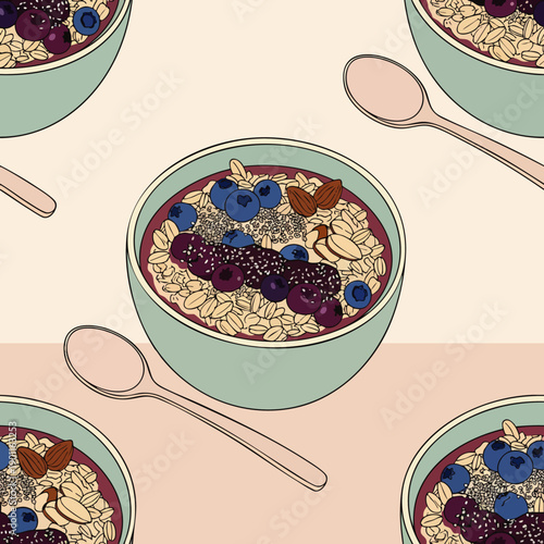 Nutritious breakfast bowl seamless pattern. Hand-drawn illustration of oatmeal with fresh berries, nuts, and chia seeds for healthy eating.