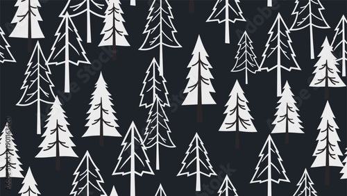 Minimalist seamless pattern featuring an array of stylized white evergreen trees on a dark background, evoking a serene winter forest.