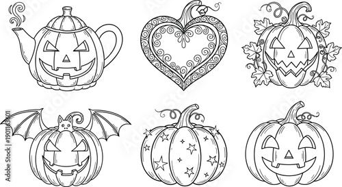 Whimsical Halloween pumpkin illustration set, decorative jack o lanterns, teapot and bat designs, cute autumn fantasy, black and white line art vector