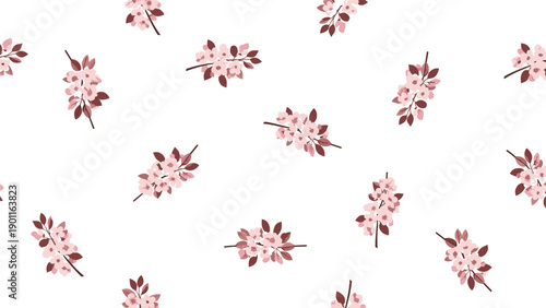 Delicate seamless pattern featuring scattered small cherry blossom branches with soft pink flowers, capturing the subtle beauty of springtime.