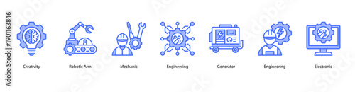 Engineering Innovations web banner icon vector illustration featuring Creativity, Robotic Arm, Mechanic, Engineering, Generator, Engineering, and Electronic.