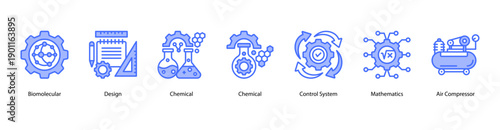 Scientific and Industrial Design web banner icon vector illustration featuring Biomolecular, Design, Chemical, Chemical, Control System, Mathematics, and Air Compressor.