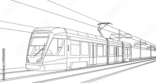 Modern urban tram light rail transit vehicle line art illustration on tracks with overhead power lines for city transportation