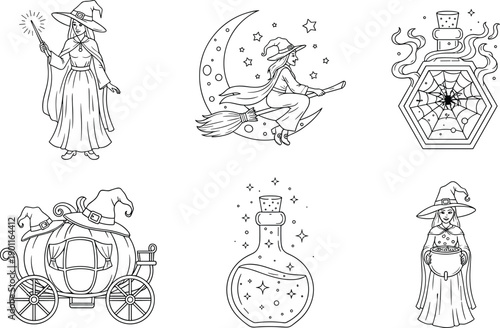 Witch illustration set, magical broom flight, potion bottles, moon stars, pumpkin carriage, fairy tale Halloween fantasy, black and white line art vector