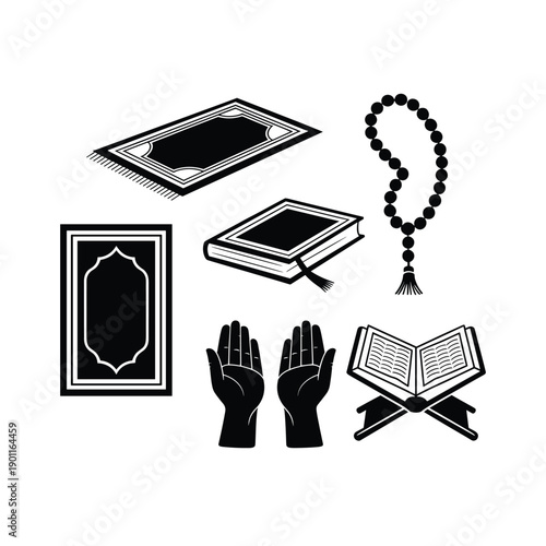 Black and white islamic symbols including books prayer beads and hands muslim quran vector illustration isolated on white background.