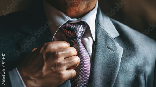 Man prepares for a formal event by adjusting his tie in the morning light