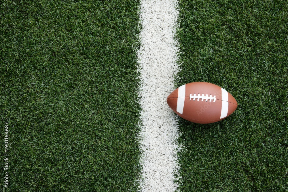 Obraz premium American football on green field with white line