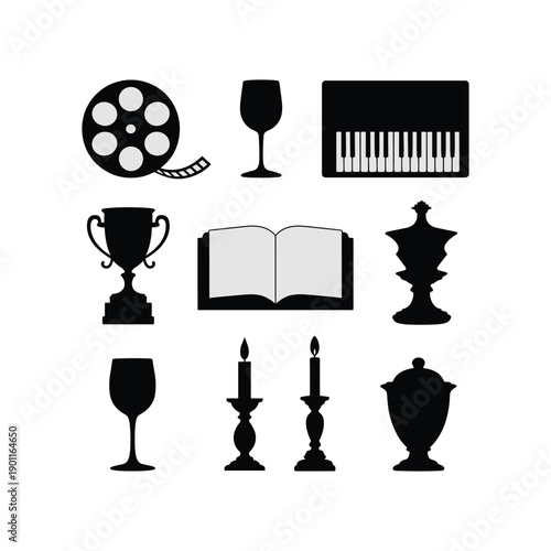 Black and white of reel wine glass piano trophy book urn candlesticks vector illustration isolated on white background.