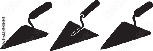 Black silhouette of a trowel isolated on white background, gardening and masonry tool shadow illustration, minimal construction and DIY equipment design