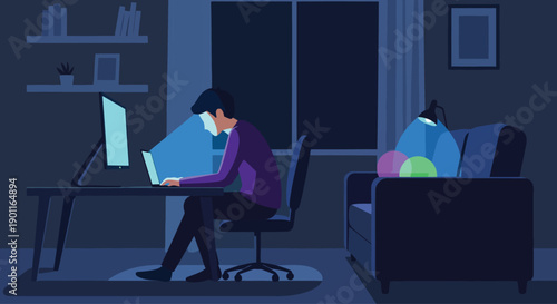 Man working late on laptop at home with glowing lights.