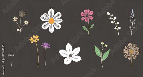 floral, flowers, flower, blossom, bloom, petal, botanical, nature, garden, spring, plant, leaf, leaves, decorative, ornament, motif, design, icon, symbol, vector, illustration, graphic, element, minim