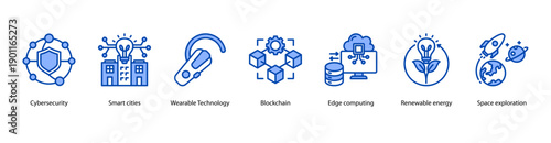 Future City and Space Innovation web banner icon vector illustration featuring Cybersecurity, Smart Cities, Wearable Technology, Blockchain, Edge Computing, Renewable Energy, and Space Exploration.