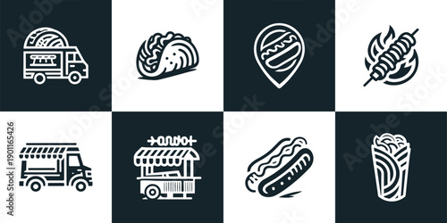 Icon Set Vector of 8 Street Food and Mobile Vendor Icons