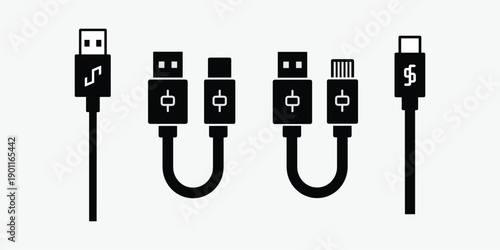 Black and white of various usb cables with different connectors vector illustration isolated on white background.